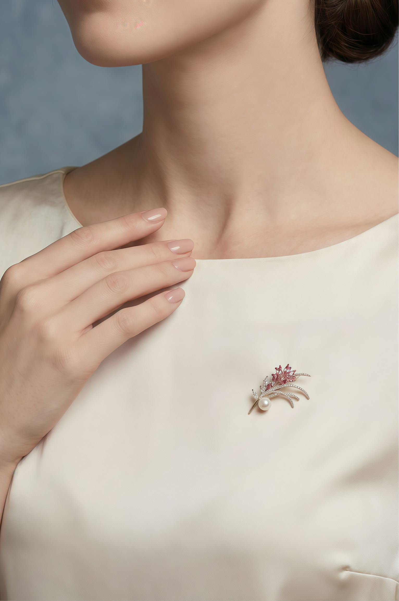 Woman wearing a delicate brooch on her white blouse against a neutral background